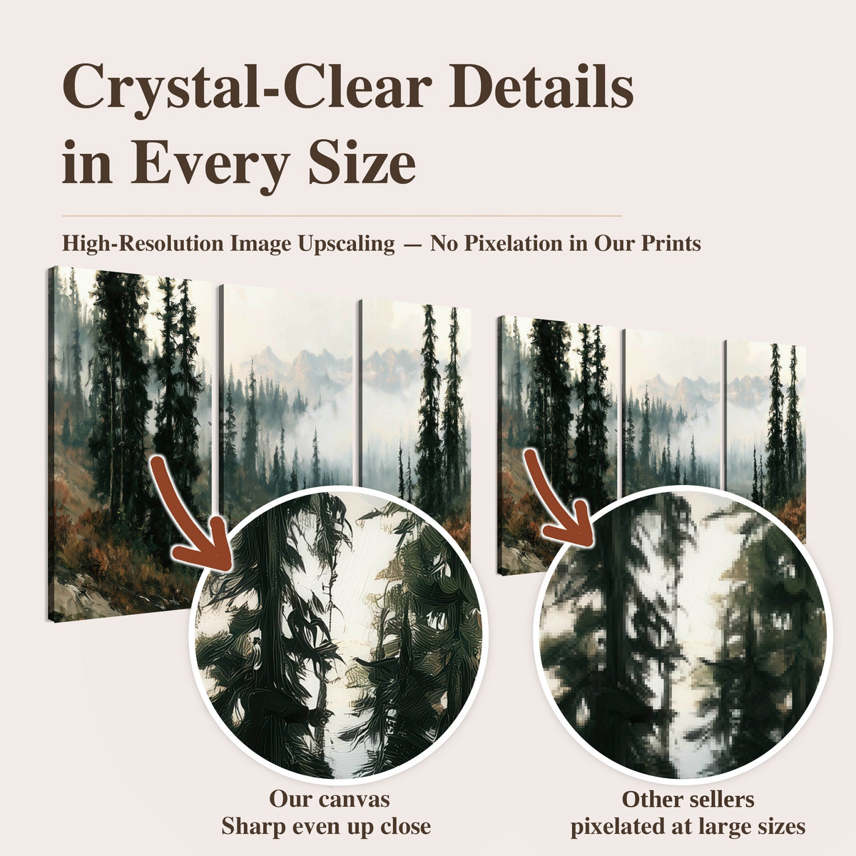 Misty pine lake mountain painting high-resolution print quality comparison