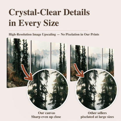 Misty pine lake mountain painting high-resolution print quality comparison