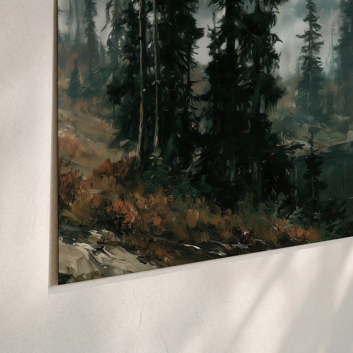 Misty pine lake mountain painting poster print close-up on matte paper