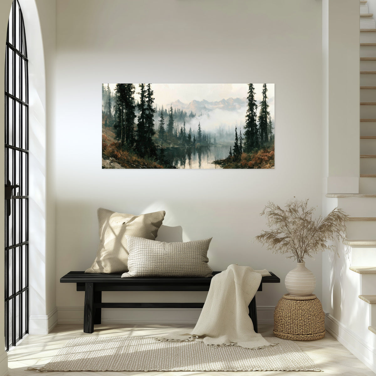 Misty pine lake mountain painting poster print in an entryway above a bench