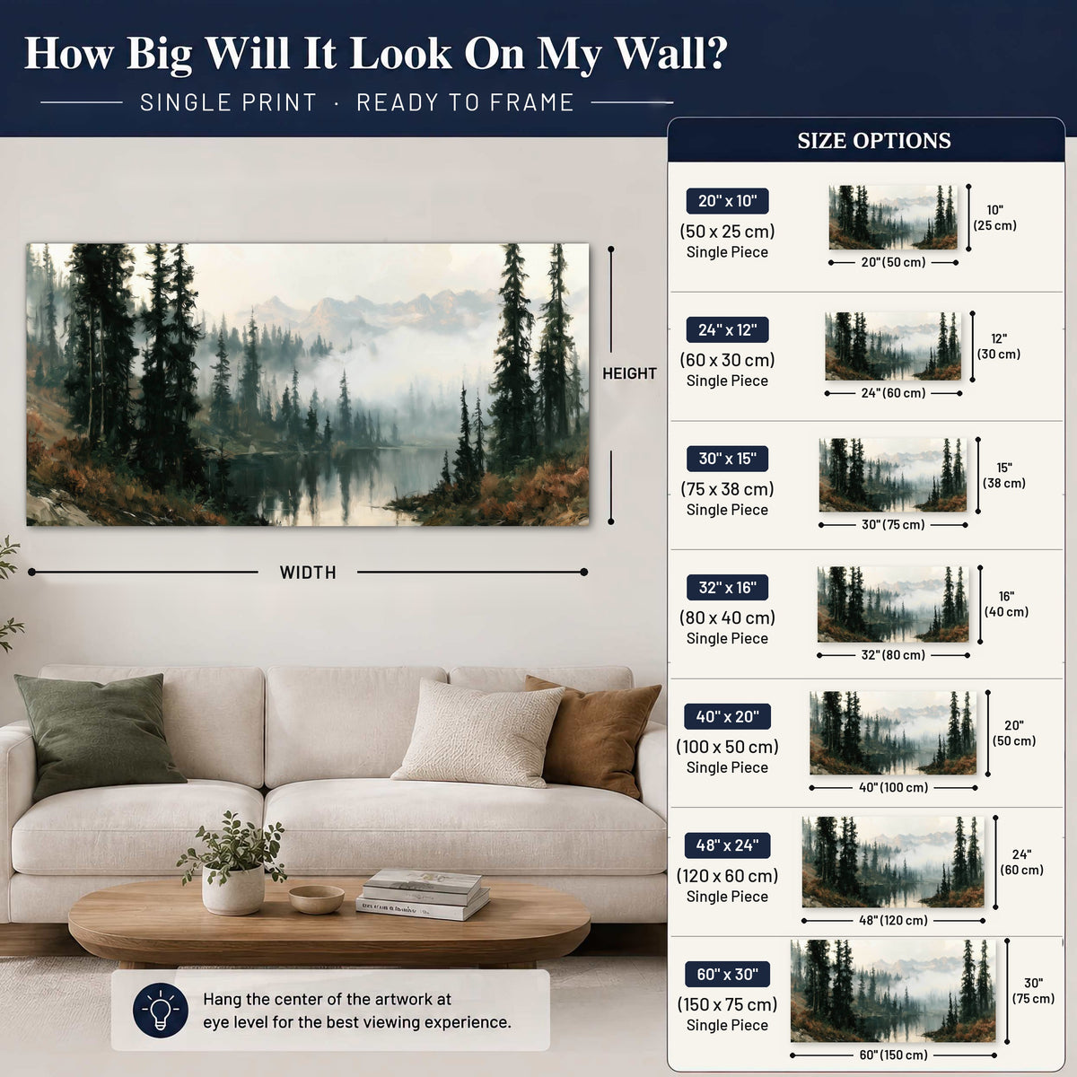 Misty pine lake mountain painting poster print size guide above a sofa