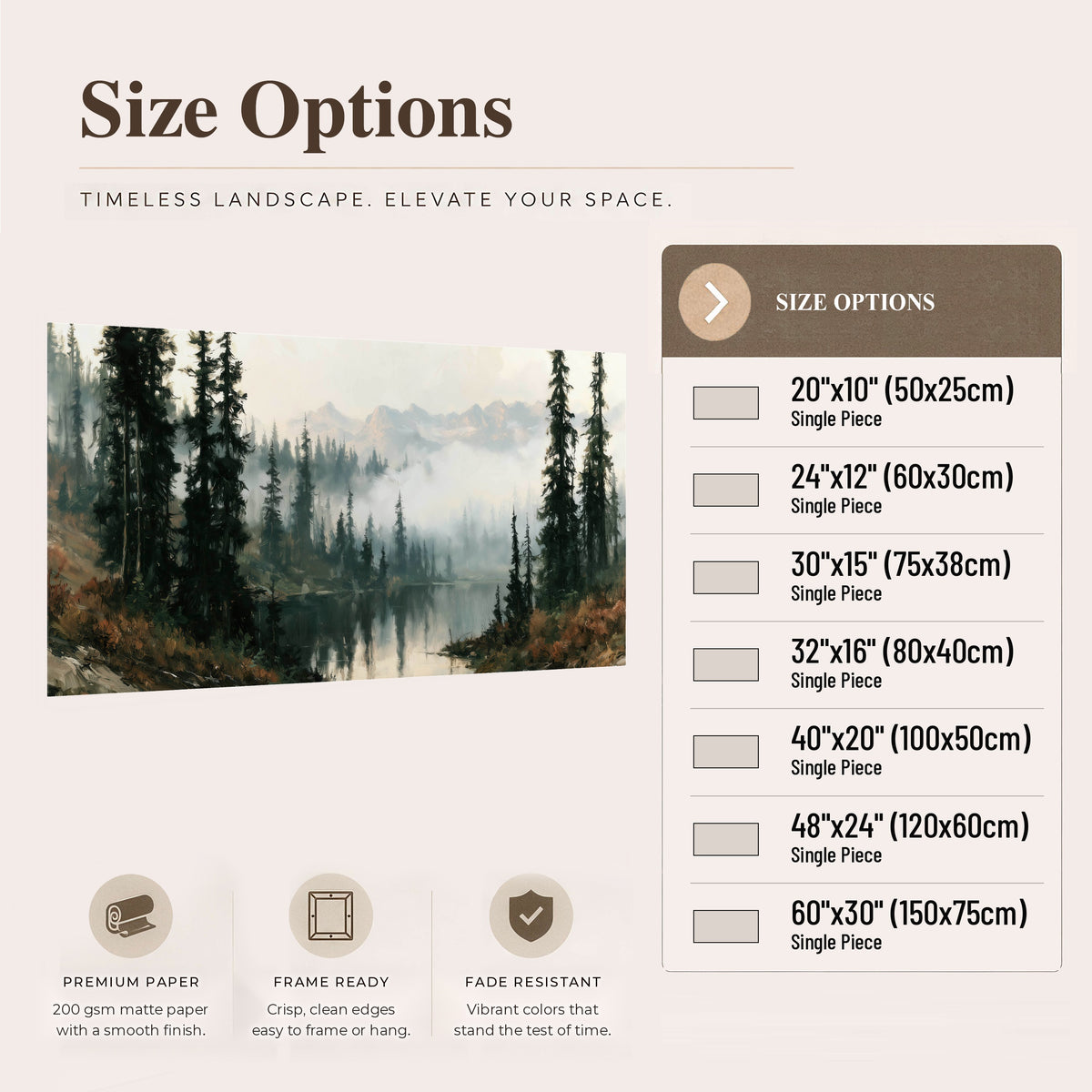 Misty pine lake mountain painting poster print size options
