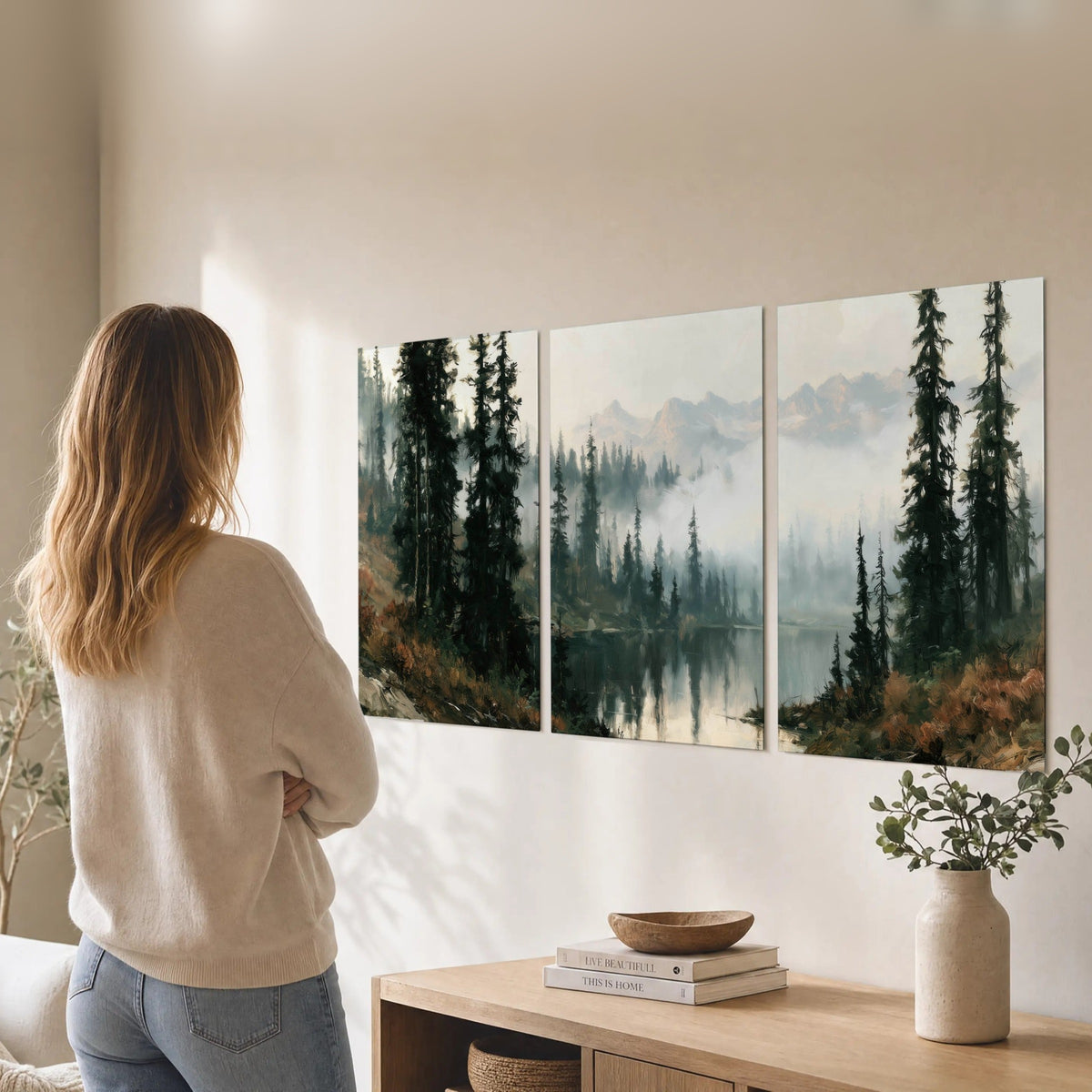 Misty pine lake mountain painting set of 3 poster prints in a living room