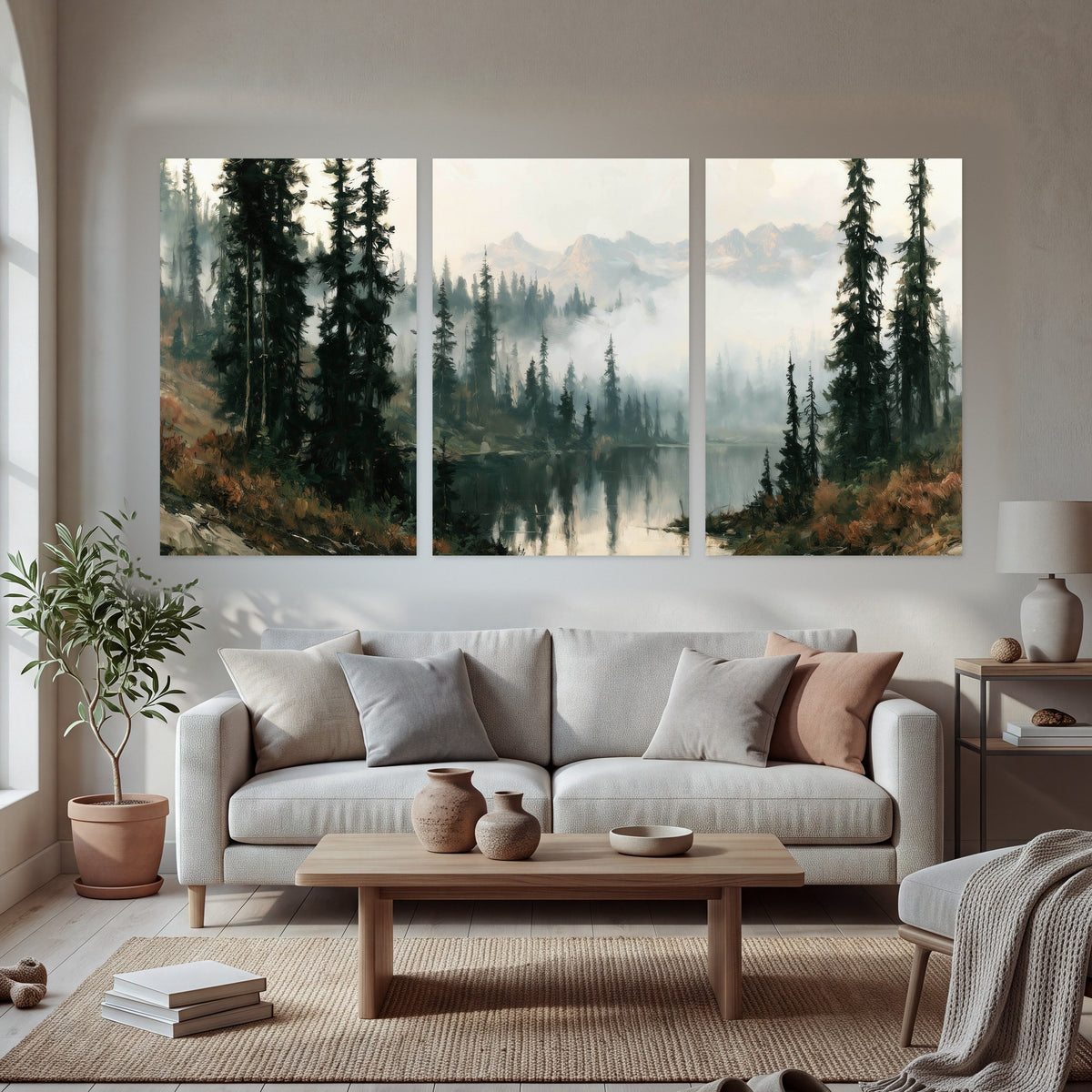 Misty pine lake mountain painting set of 3 poster prints in a bright living room