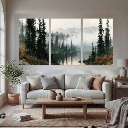 Misty pine lake mountain painting set of 3 poster prints in a bright living room