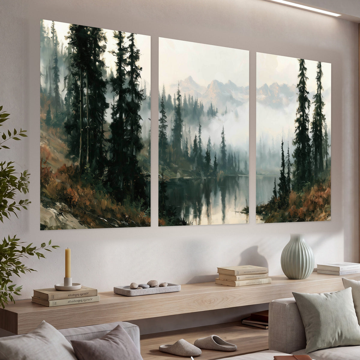 Misty pine lake mountain painting set of 3 poster prints in a living room above a console