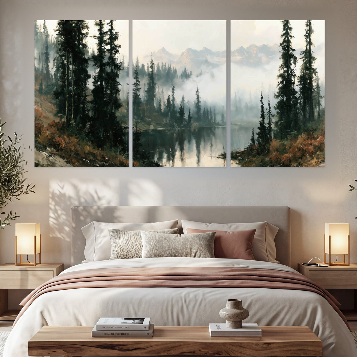 Misty pine lake mountain painting set of 3 poster prints in a bedroom above the bed