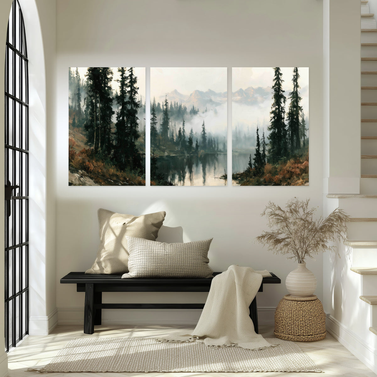 Misty pine lake mountain painting set of 3 poster prints in an entryway above a bench