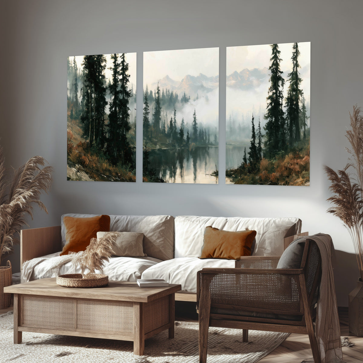 Misty pine lake mountain painting set of 3 poster prints in a rustic living room