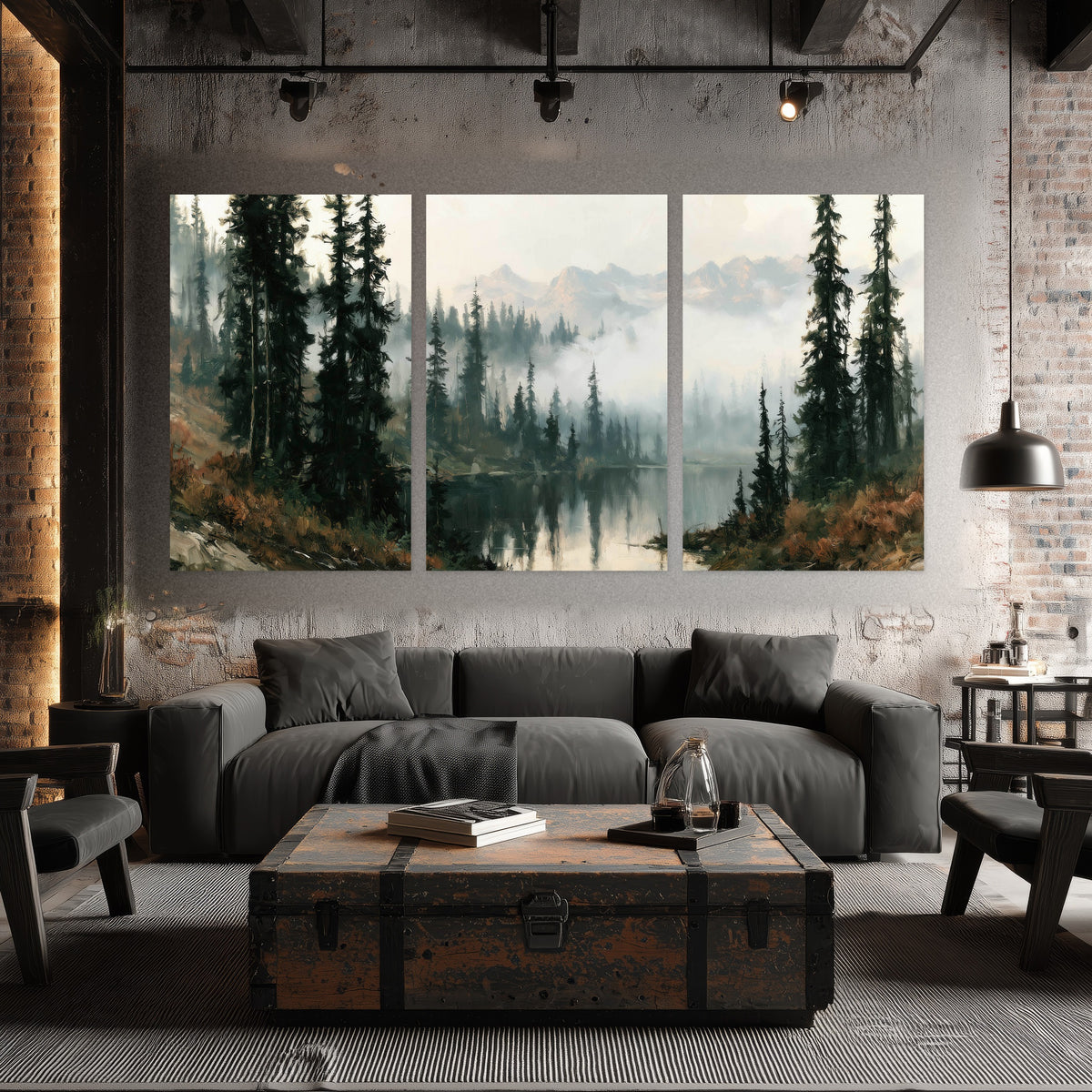 Misty pine lake mountain painting set of 3 poster prints in an industrial loft