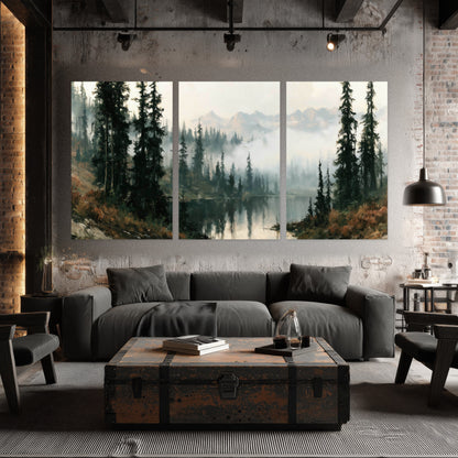Misty pine lake mountain painting set of 3 poster prints in an industrial loft