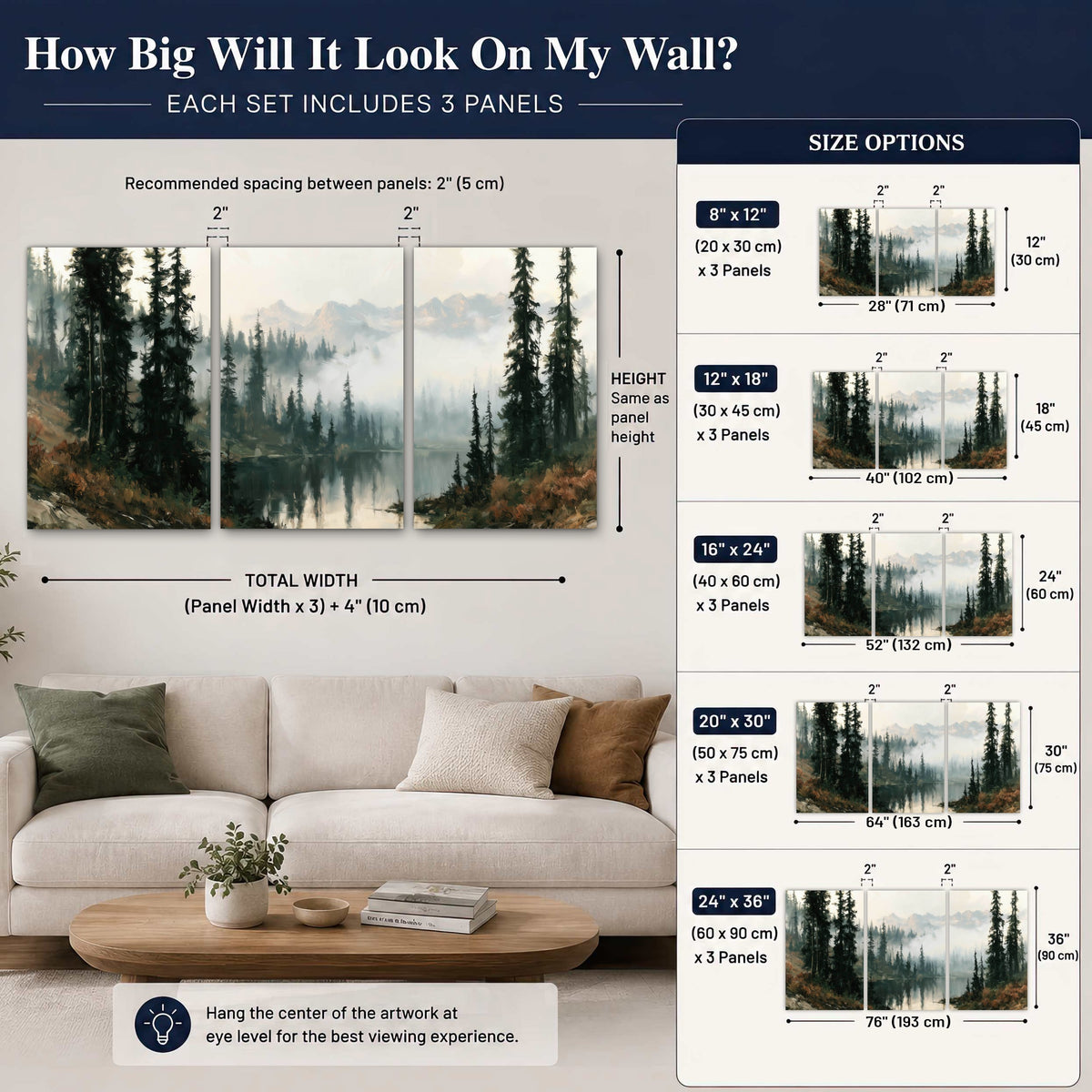 Misty pine lake mountain painting set of 3 poster prints size guide above a sofa
