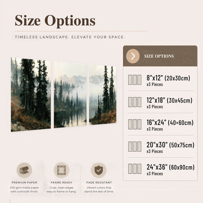 Misty pine lake mountain painting set of 3 poster prints size options