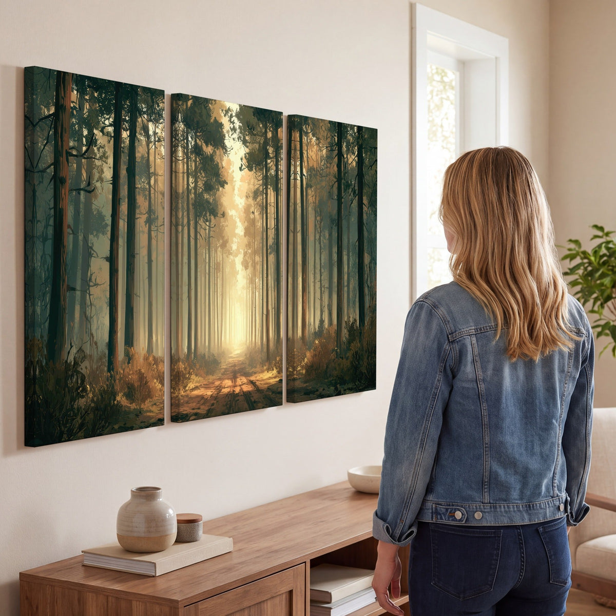 Sunlit pine forest road painting 3 piece canvas wall art in a living room