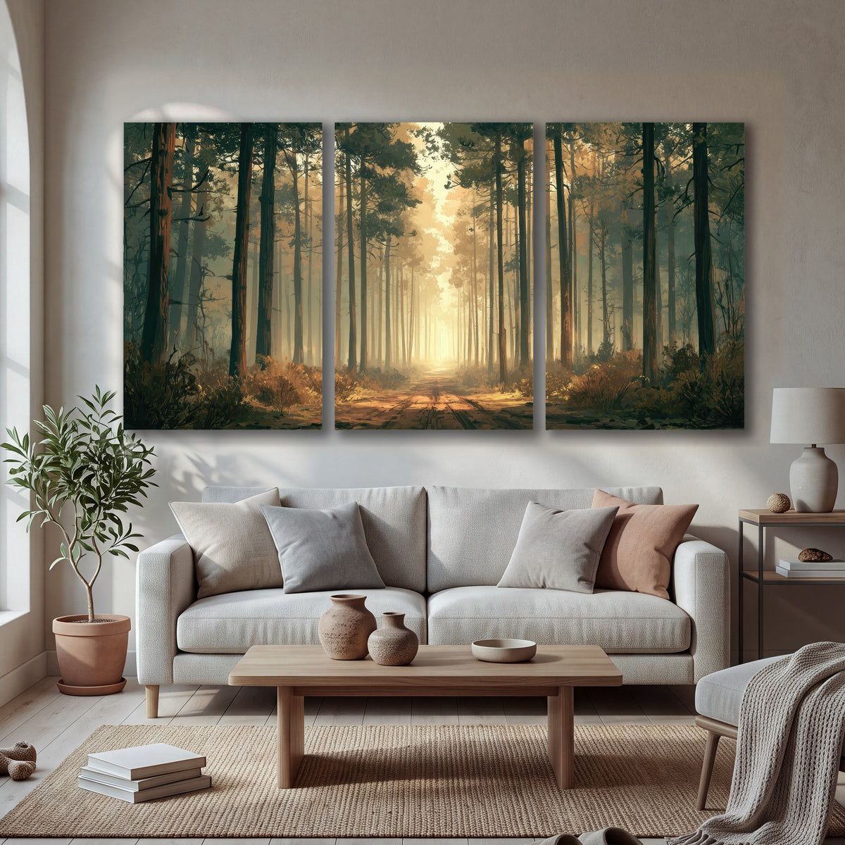 Sunlit pine forest road painting 3 piece canvas wall art in a bright living room