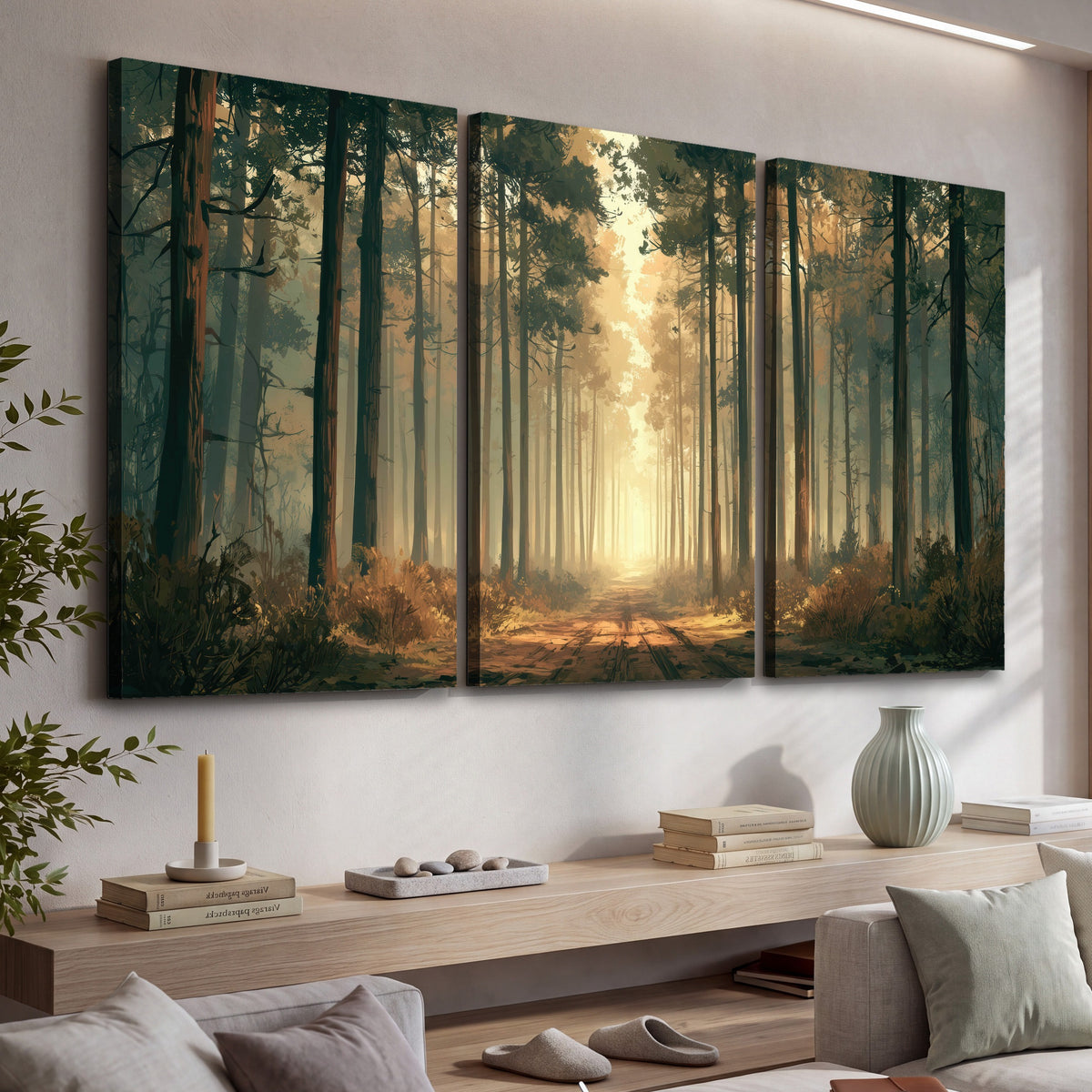Sunlit pine forest road painting 3 piece canvas wall art in a living room above a console