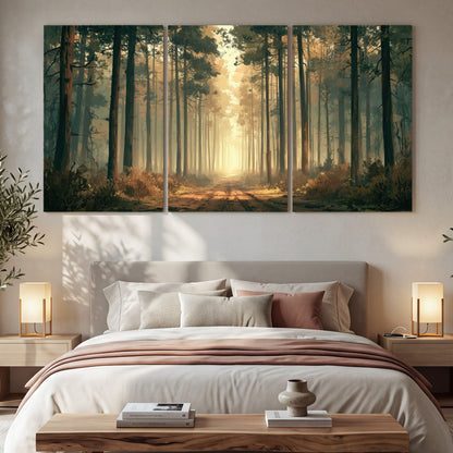 Sunlit pine forest road painting 3 piece canvas wall art in a bedroom above the bed