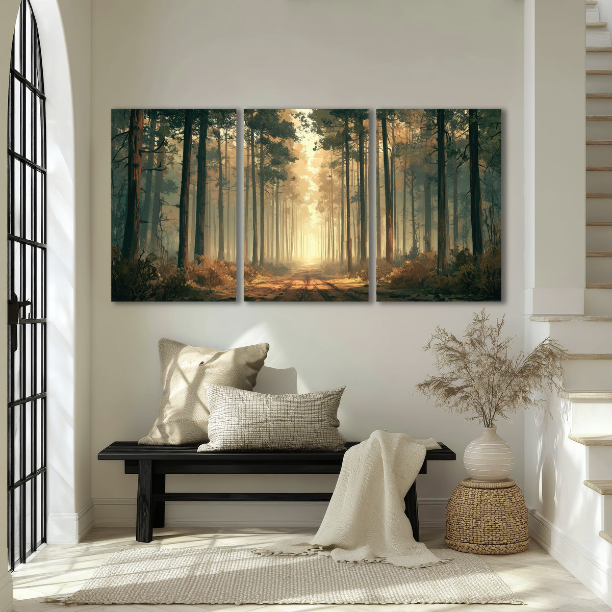Sunlit pine forest road painting 3 piece canvas wall art in an entryway above a bench