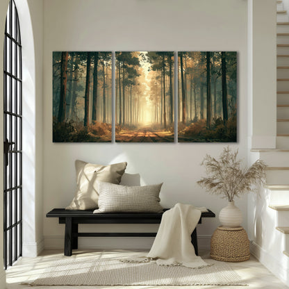 Sunlit pine forest road painting 3 piece canvas wall art in an entryway above a bench