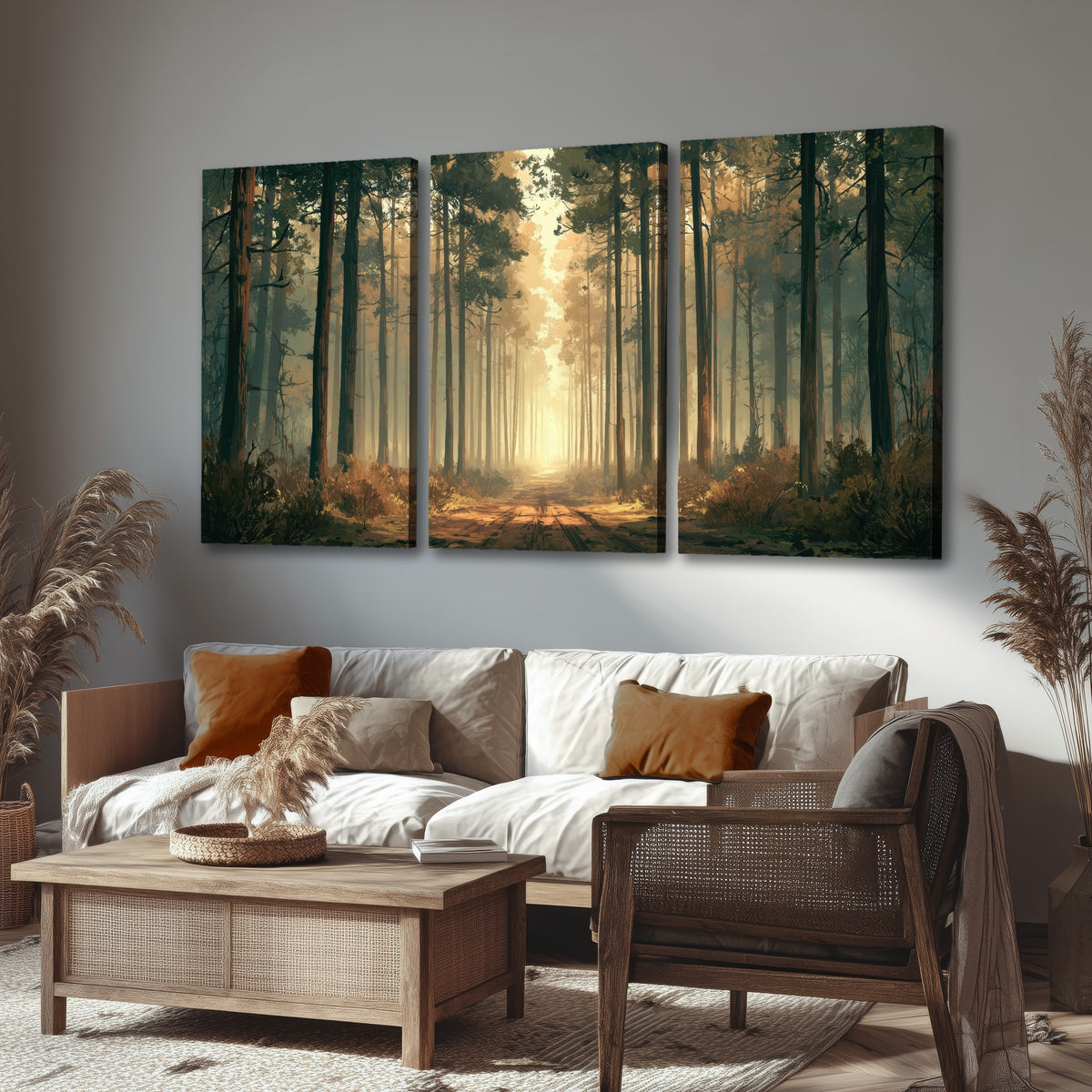 Sunlit pine forest road painting 3 piece canvas wall art in a rustic living room