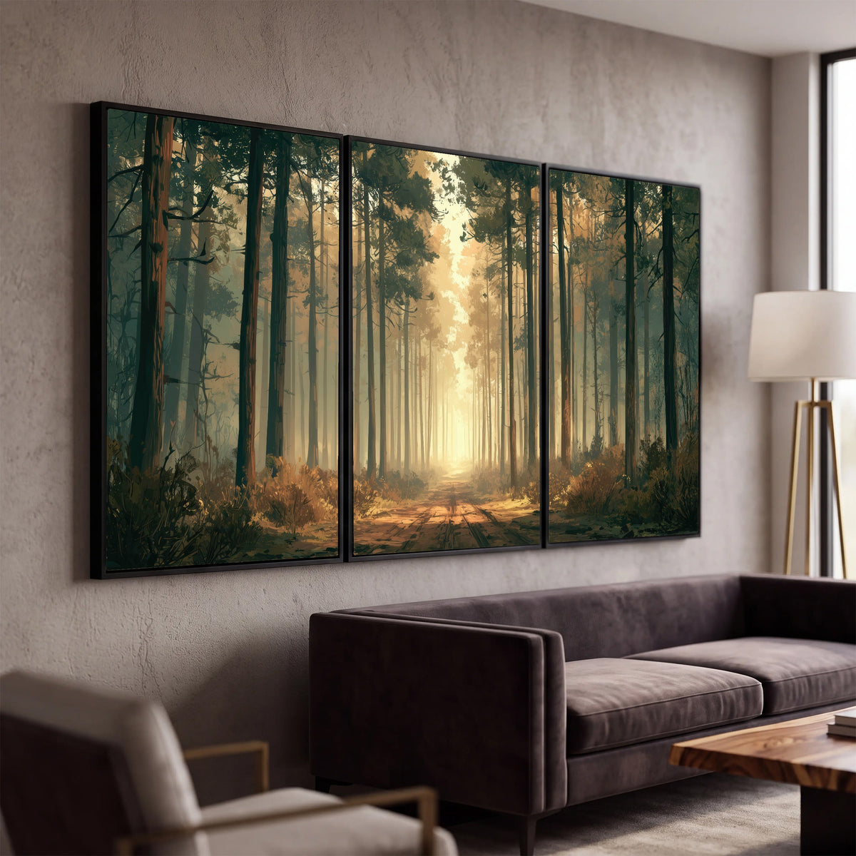 Sunlit pine forest road painting 3 piece canvas wall art in a modern living room