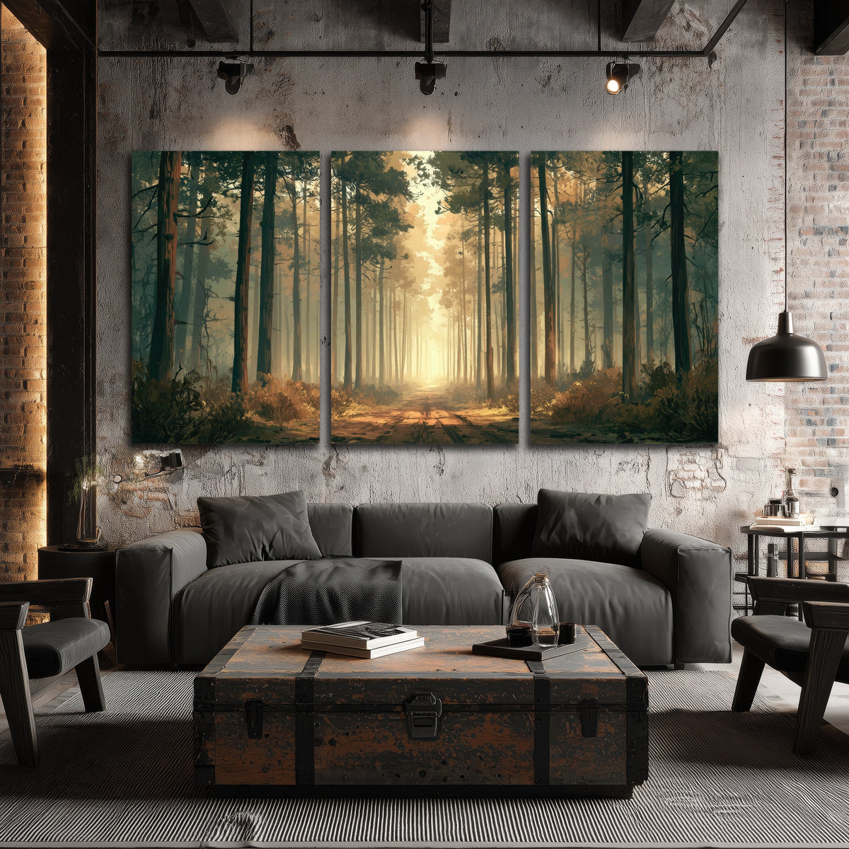Sunlit pine forest road painting 3 piece canvas wall art in an industrial loft