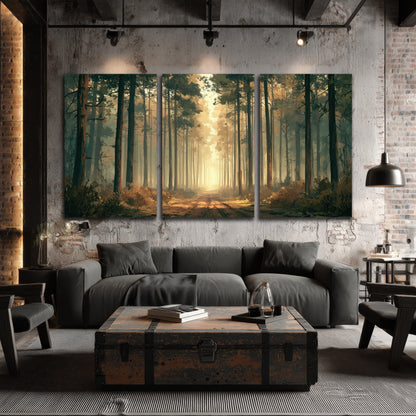 Sunlit pine forest road painting 3 piece canvas wall art in an industrial loft