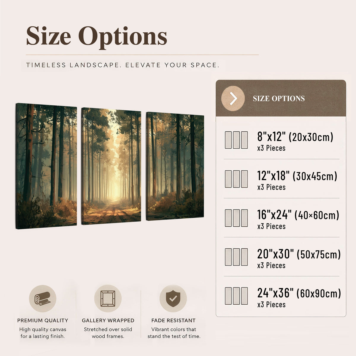 Sunlit pine forest road painting 3 piece canvas wall art size options