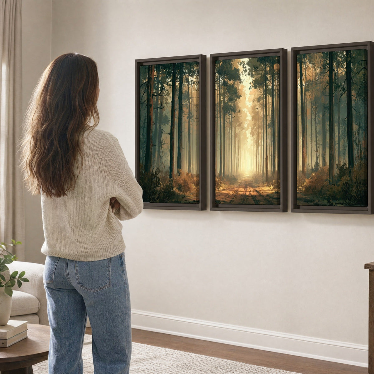 Sunlit pine forest road painting 3 piece framed canvas in a living room