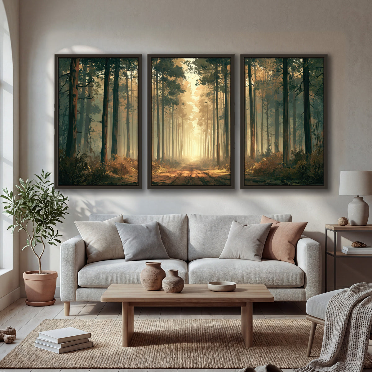 Sunlit pine forest road painting 3 piece framed canvas in a bright living room