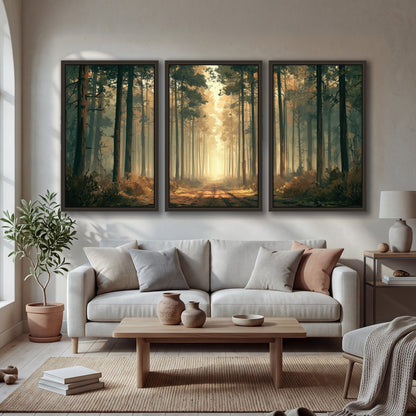 Sunlit pine forest road painting 3 piece framed canvas in a bright living room