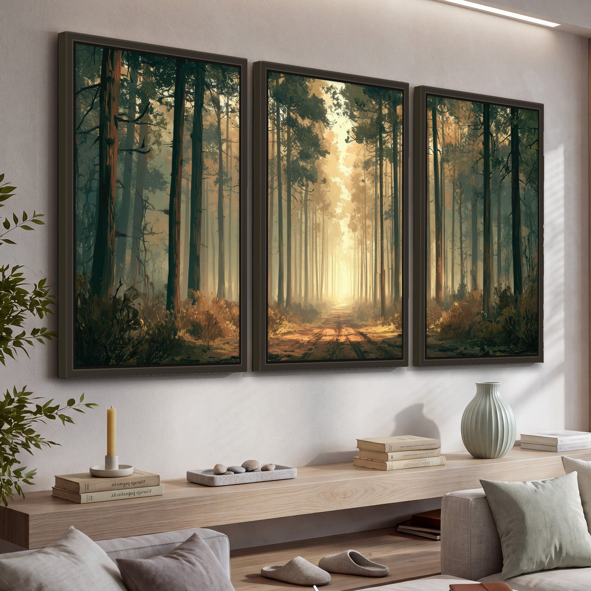 Sunlit pine forest road painting 3 piece framed canvas in a living room above a console