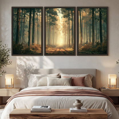 Sunlit pine forest road painting 3 piece framed canvas in a bedroom above the bed