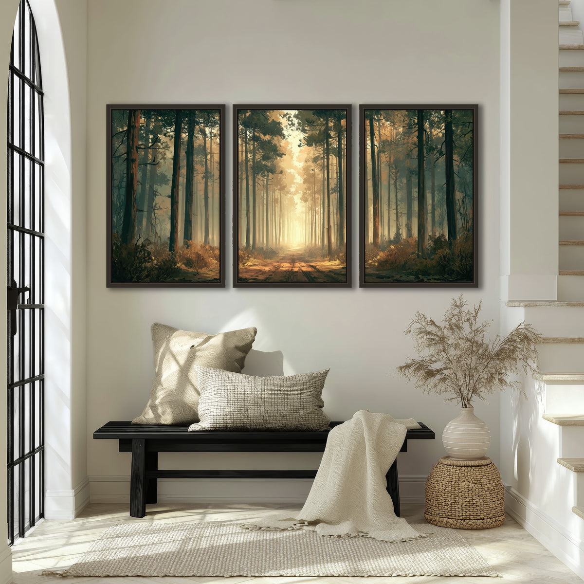 Sunlit pine forest road painting 3 piece framed canvas in an entryway above a bench