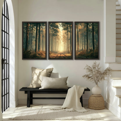 Sunlit pine forest road painting 3 piece framed canvas in an entryway above a bench