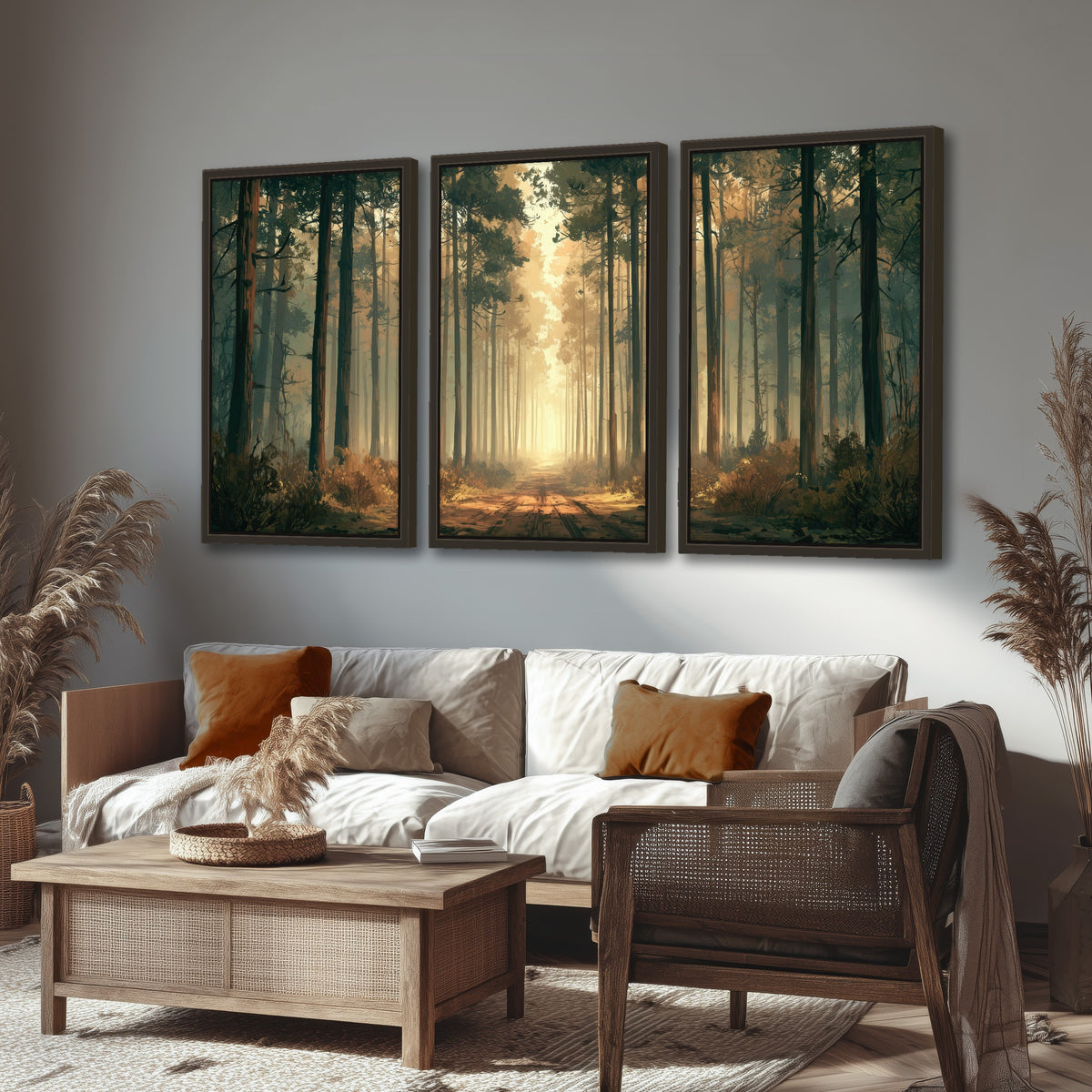 Sunlit pine forest road painting 3 piece framed canvas in a rustic living room