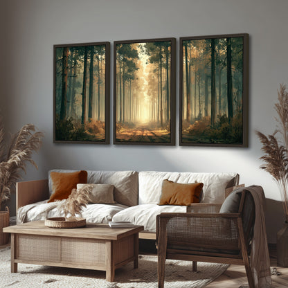 Sunlit pine forest road painting 3 piece framed canvas in a rustic living room