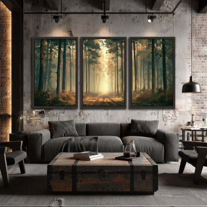 Sunlit pine forest road painting 3 piece framed canvas in an industrial loft