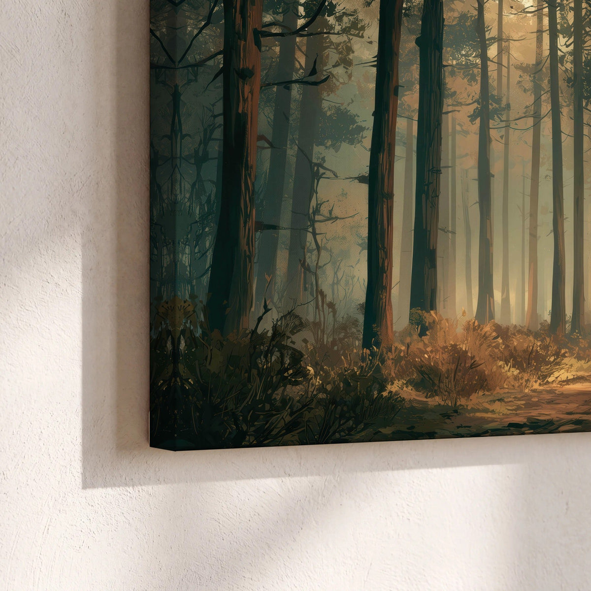Sunlit pine forest road painting canvas print close-up showing the gallery-wrapped edge