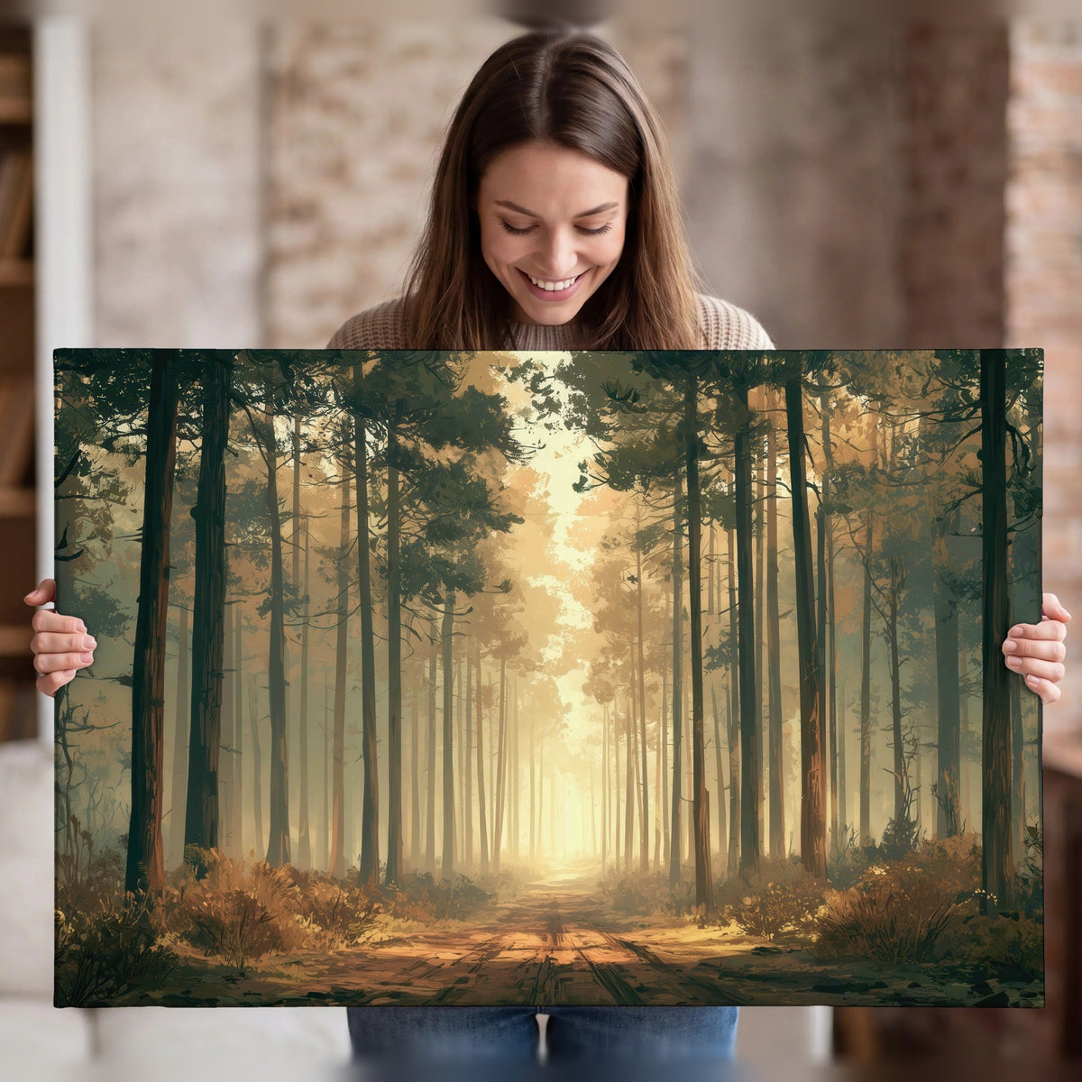 Sunlit pine forest road painting canvas wall art held in hands