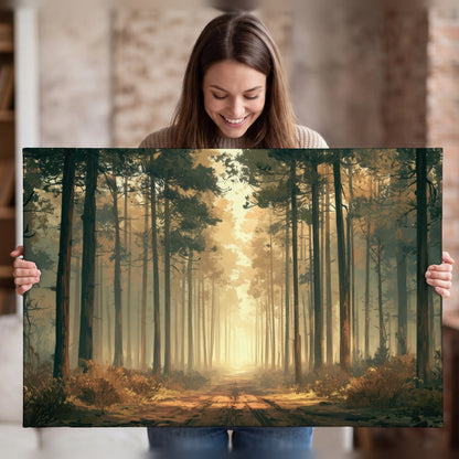 Sunlit pine forest road painting canvas wall art held in hands