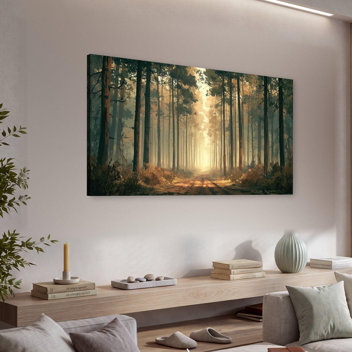 Sunlit pine forest road painting canvas wall art in a living room above a console