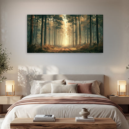 Sunlit pine forest road painting canvas wall art in a bedroom above the bed