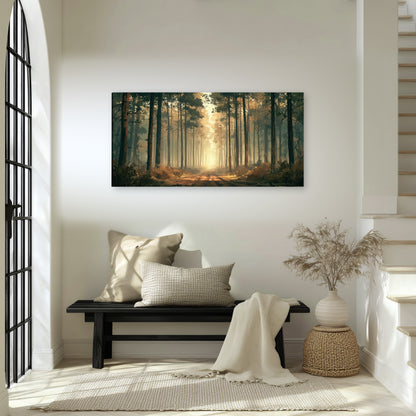 Sunlit pine forest road painting canvas wall art in an entryway above a bench