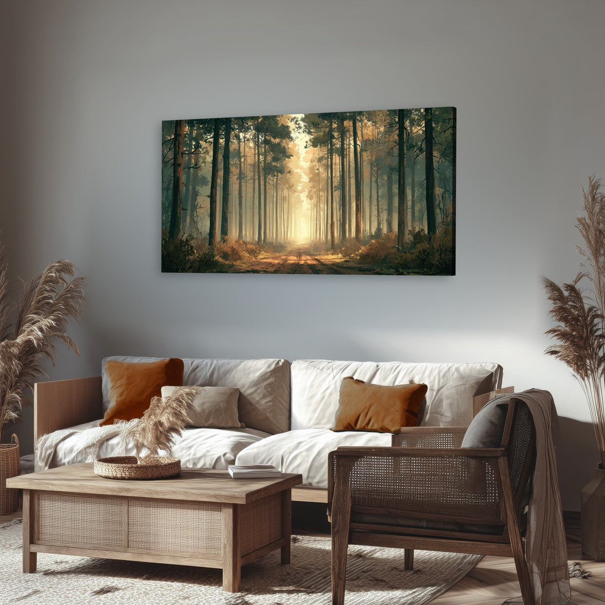 Sunlit pine forest road painting canvas wall art in a rustic living room