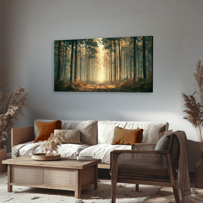 Sunlit pine forest road painting canvas wall art in a rustic living room