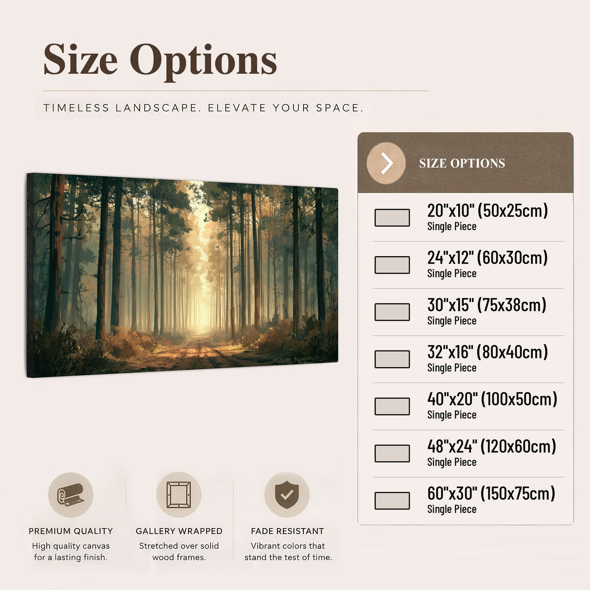 Sunlit pine forest road painting canvas wall art size options