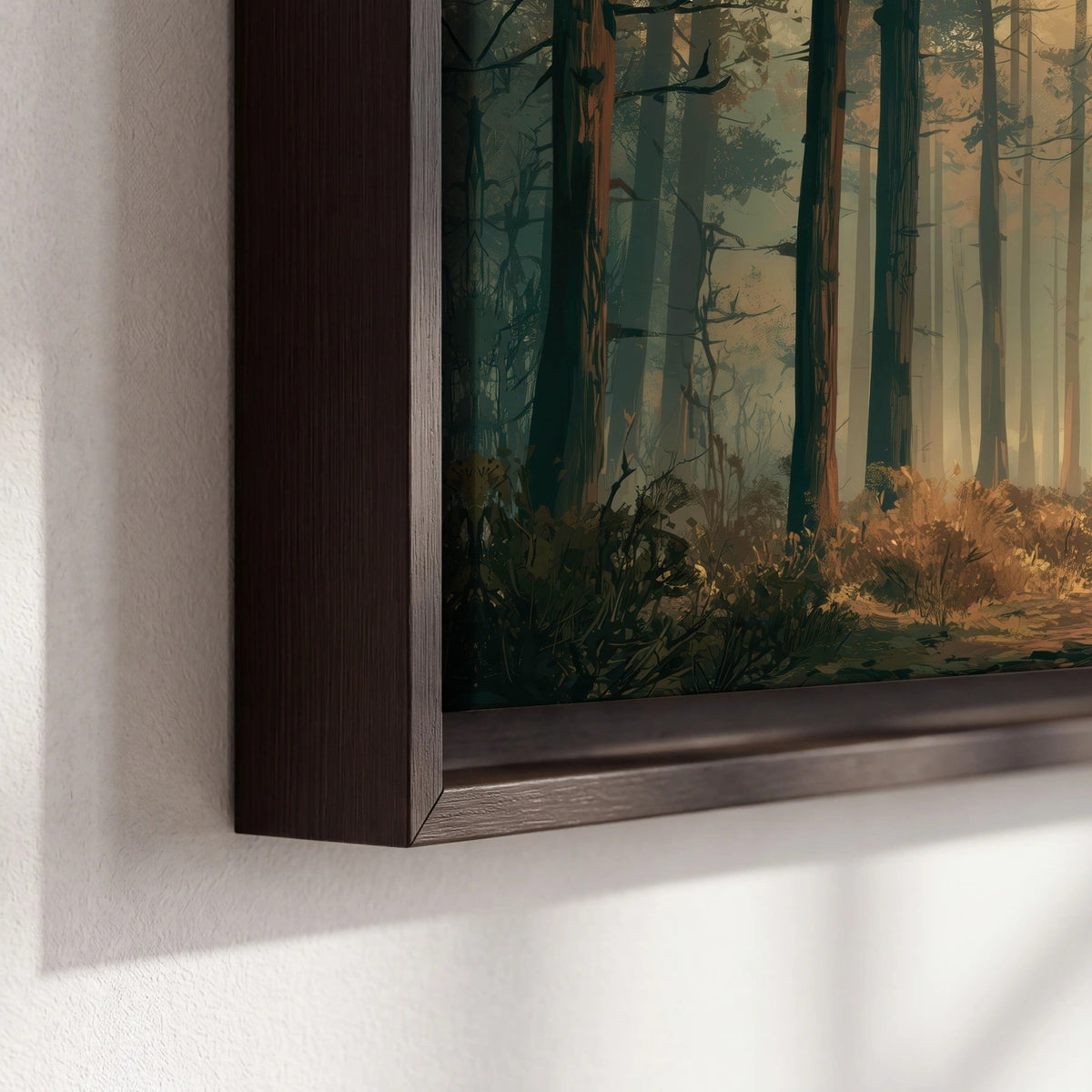 Sunlit pine forest road painting framed canvas close-up showing the floating frame