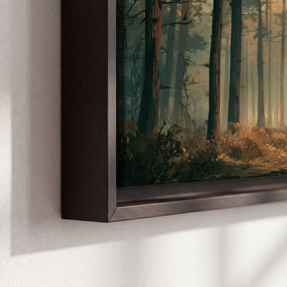 Sunlit pine forest road painting framed canvas close-up showing the floating frame