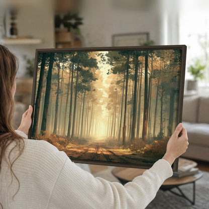 Sunlit pine forest road painting framed canvas held in hands